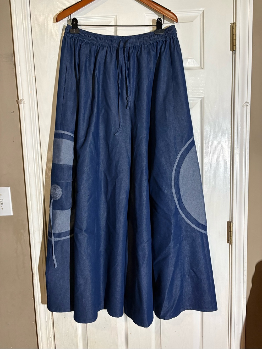 American Vintage Navy Maxi Skirt with Circular Panel Accents